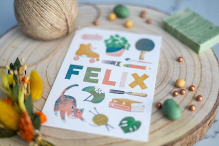 LiZ-e Design - Niel - Geboortekaartje in felle kleuren met hout, een rolschaats, tafeltennis pallet, boeken, monstera, breimateriaal, handzaag, beitel, potlood en een kat - Felix