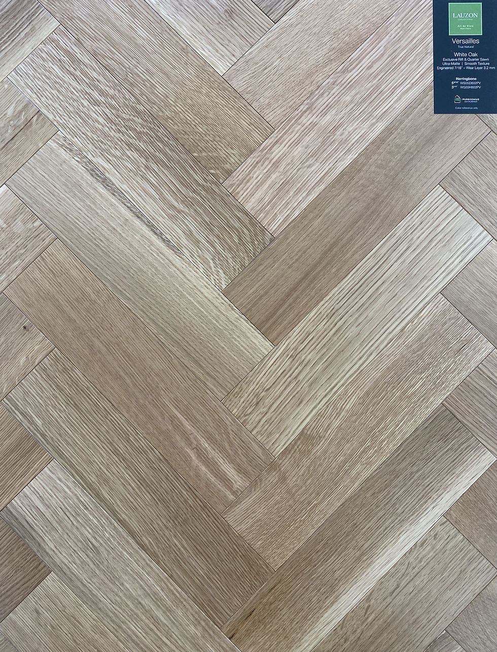 Lauzon Versailles herringbone engineered White Oak hardwood flooring with a smooth surface and ultra-matte natural finish