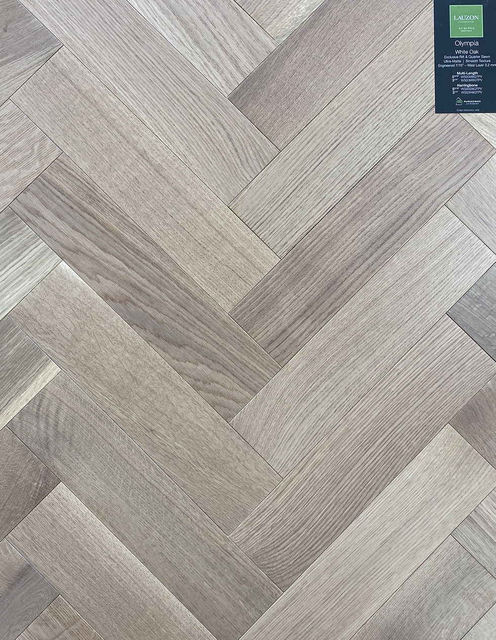 Lauzon Olympia Herringbone engineered White Oak hardwood flooring with a smooth surface and ultra-matte natural finish