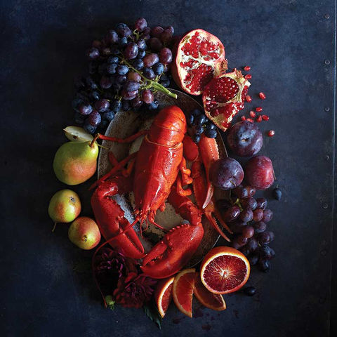 A rich, moody still life composition featuring a bright red lobster surrounded by deep-hued fruits, including pomegranate, grapes, blood oranges, plums, and pears, set against a dark textured background.
