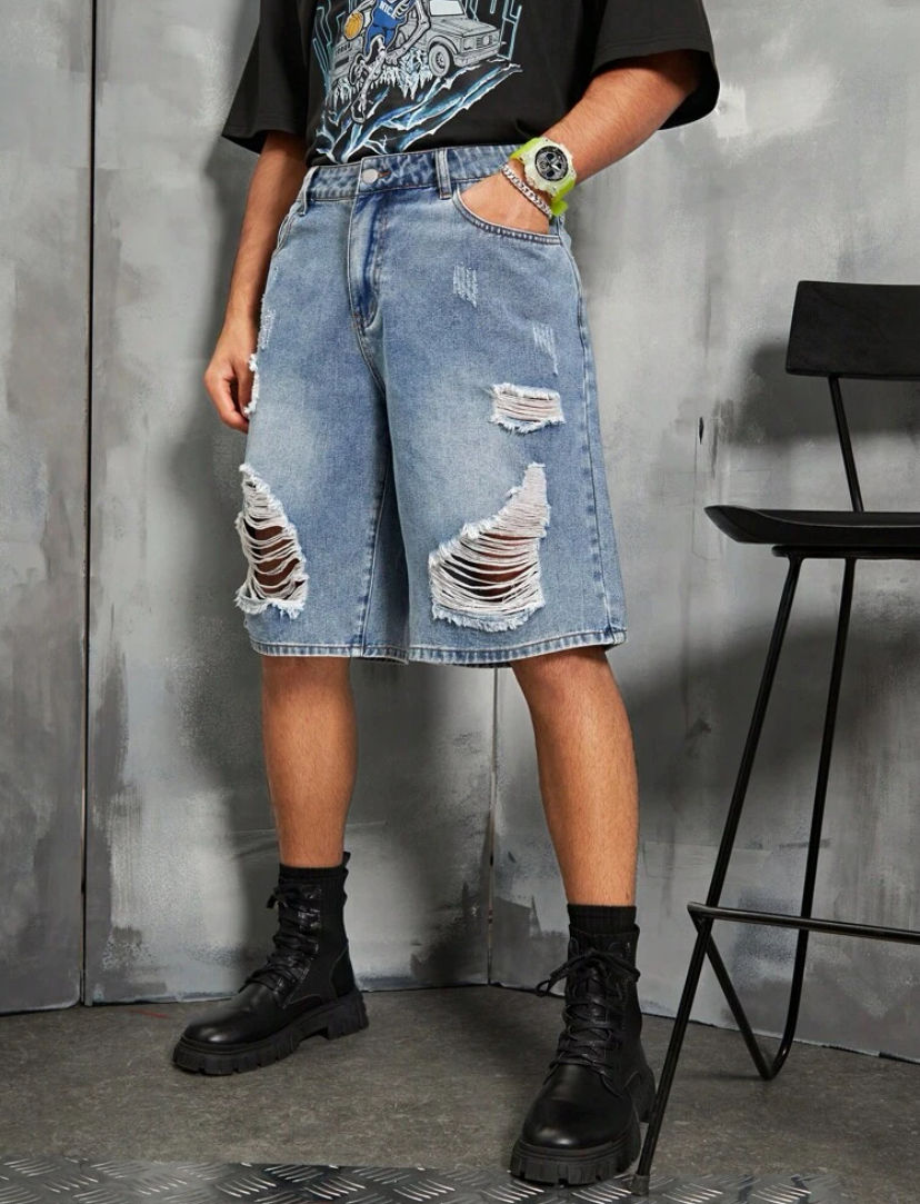 Miniature : Short en jean décontracté déchiré - Jean Bleu  