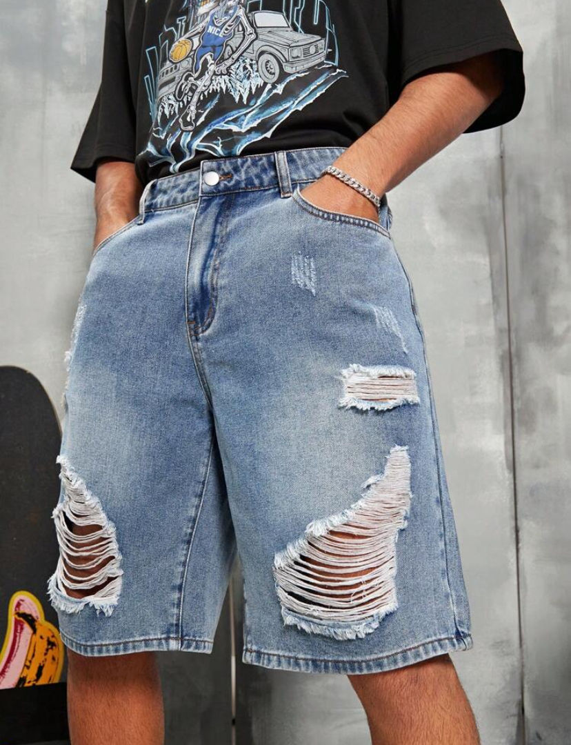 Miniature : Short en jean décontracté déchiré - Jean Bleu  