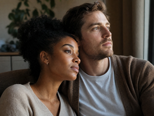 A couple sitting together quietly, reflecting on their social life and friendships