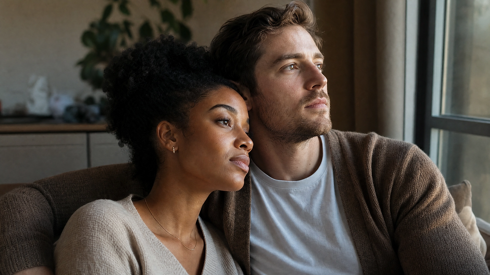 A couple sitting together quietly, reflecting on their social life and friendships