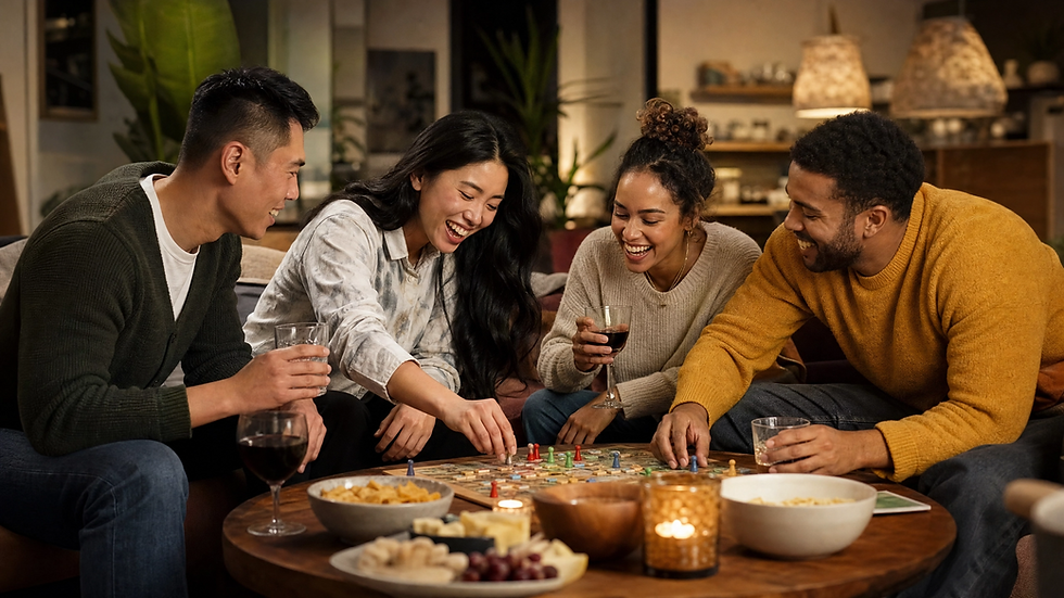 Two couples playing a board game together at home with drinks, candles and snacks on the table