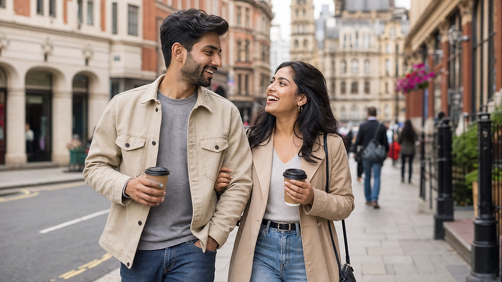 A young couple walking through a sunny UK city street with coffee cups, exploring their new neighbourhood
