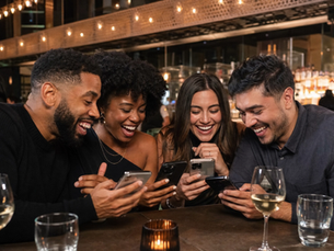 Two couples at a restaurant laughing together while looking at their phones in a group chat