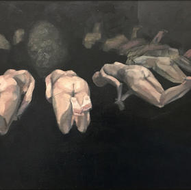 Multiple figure surreal art painting prayer, mantra, meditation, worship, circle, bodies, nudes, loose brushwork, painterly, psychological art, fine art, contemporary art, surreal, symbolism, figurative painting