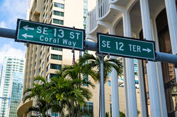 Cityscape sign view in the downtown Brickell district in Miami.