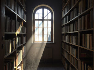 Sunlight beams through an arched window, illuminating dust in a quiet library aisle lined with bookshelves. Serene and contemplative mood.