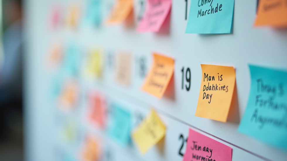Close-up view of a marketing calendar with colorful notes and deadlines