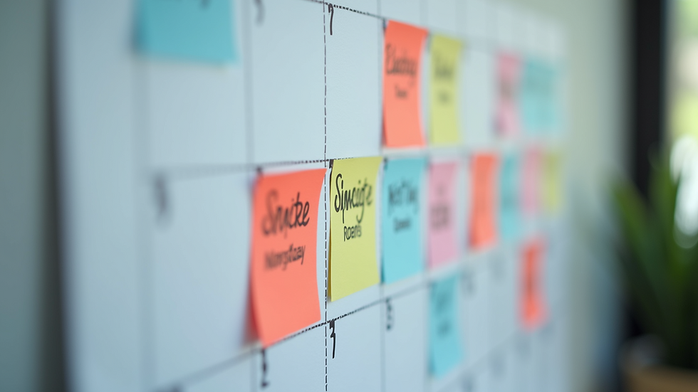 Close-up view of a marketing calendar with colorful notes and deadlines