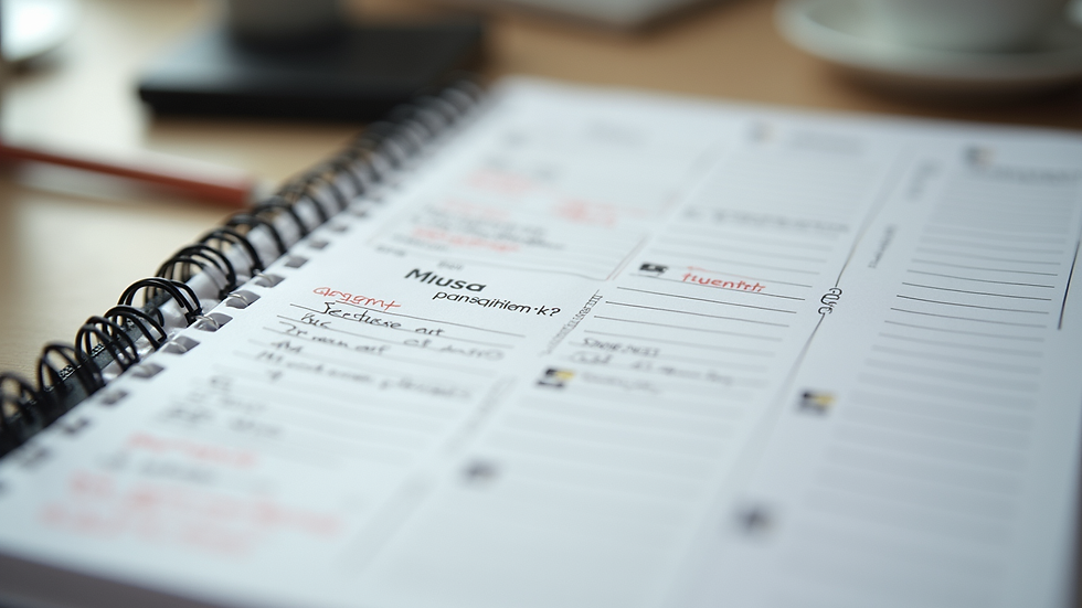 Close-up view of a calendar planner with marketing notes