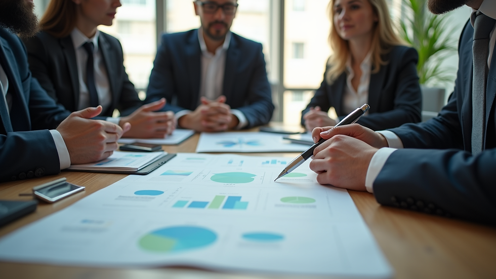 Eye-level view of a business team discussing marketing plans around a table