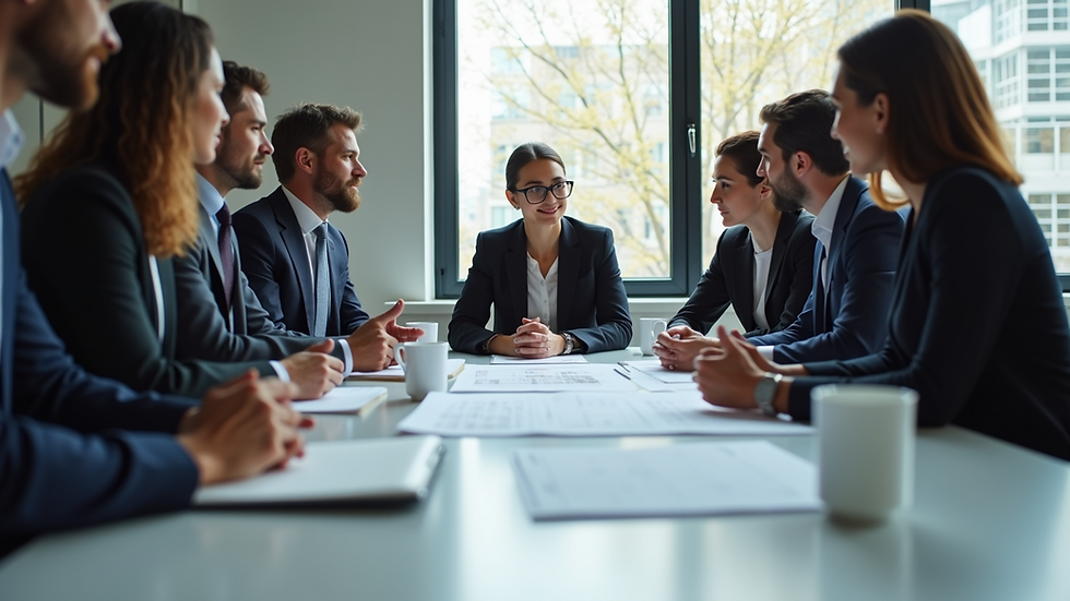 Eye-level view of a business team discussing marketing plans around a table
