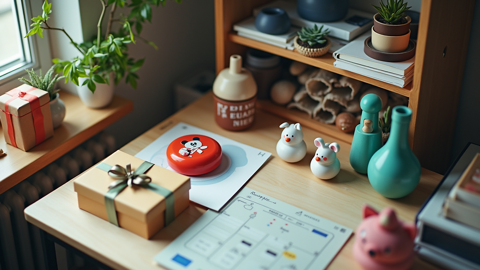 High angle view of a cluttered office desk with quirky gifts and stress relief toys