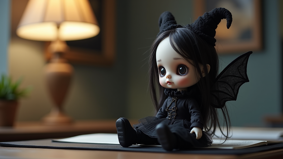 Close-up view of a gothic-style collectible doll sitting on an office desk