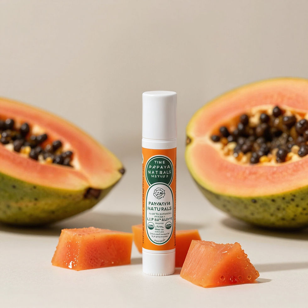 Papaya lip balm tube with sliced papaya fruit