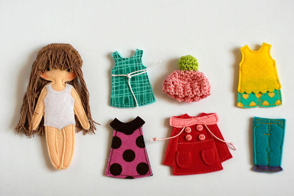 Felt "paper" doll Starter set , 12cm doll, Set of 1 doll and 6 outfits, handmade by TomToy
