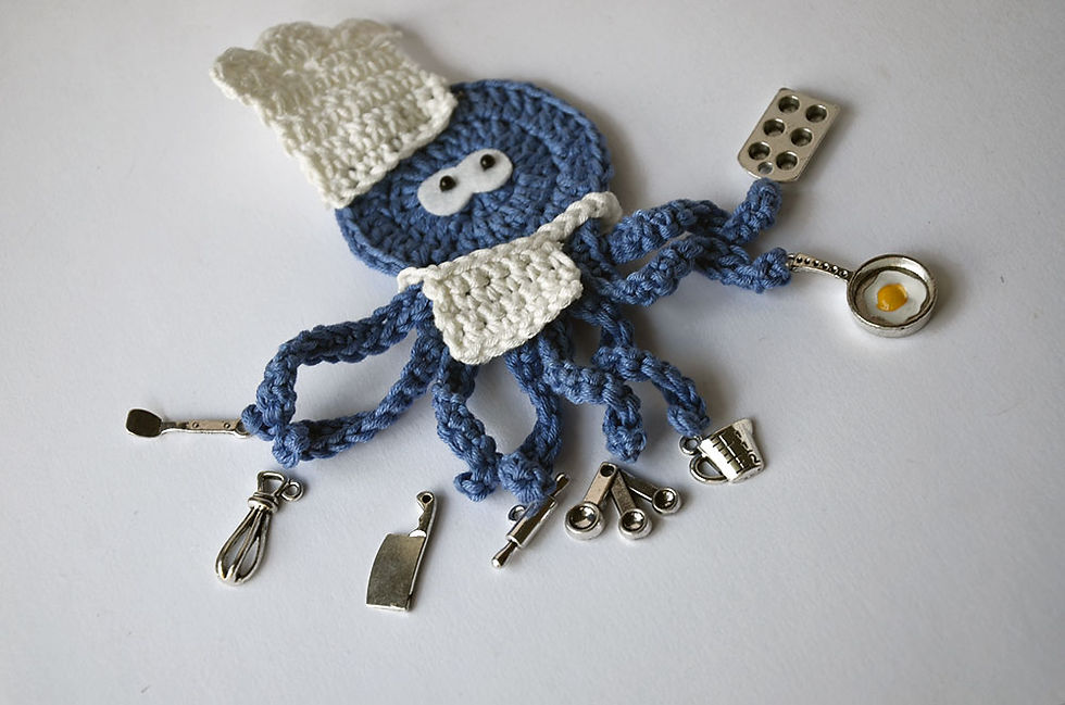 Thumbnail: Cheff The busy Octopus crochet applique, 10cm
