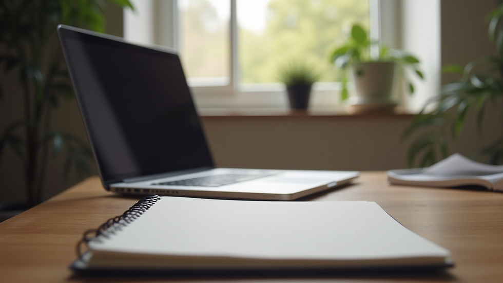 Eye-level view of a cozy home office setup with a laptop and a notepad