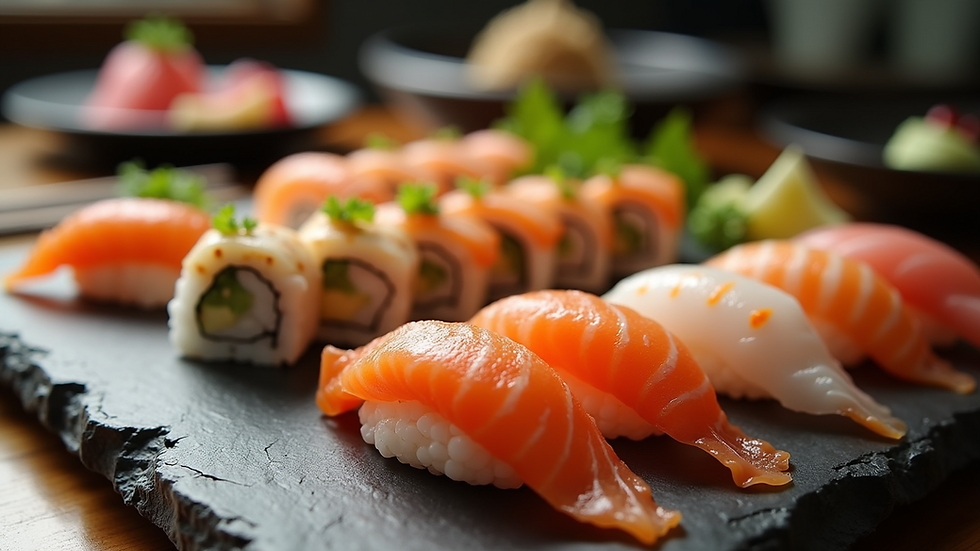 Eye-level view of a sushi platter with colorful rolls and fresh fish