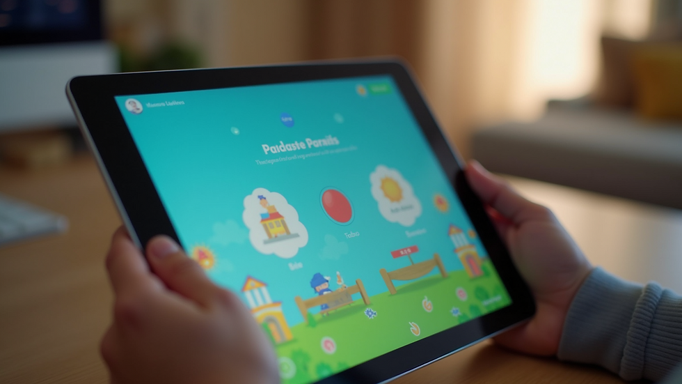 Close-up view of a digital tablet displaying an educational game interface