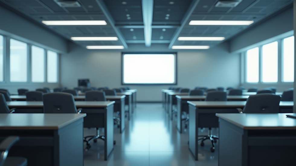 Wide angle view of a futuristic classroom equipped with VR technology