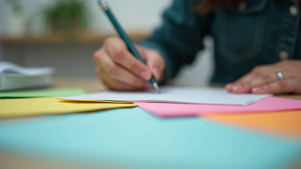 Close-up view of a teacher preparing lesson plans with colorful notes