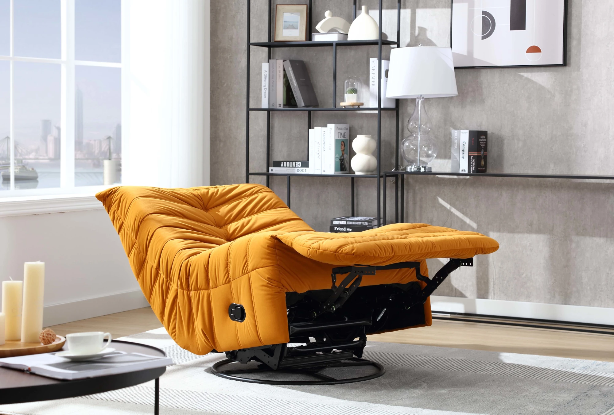 Modo Rocker Reclining Swivel Chair in Velvet Orange Open Room Scene