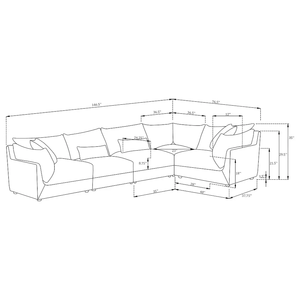 Miniatura: Sasha 5 Piece Modular Sectional in Barely Black Fabric Dimensions Outline