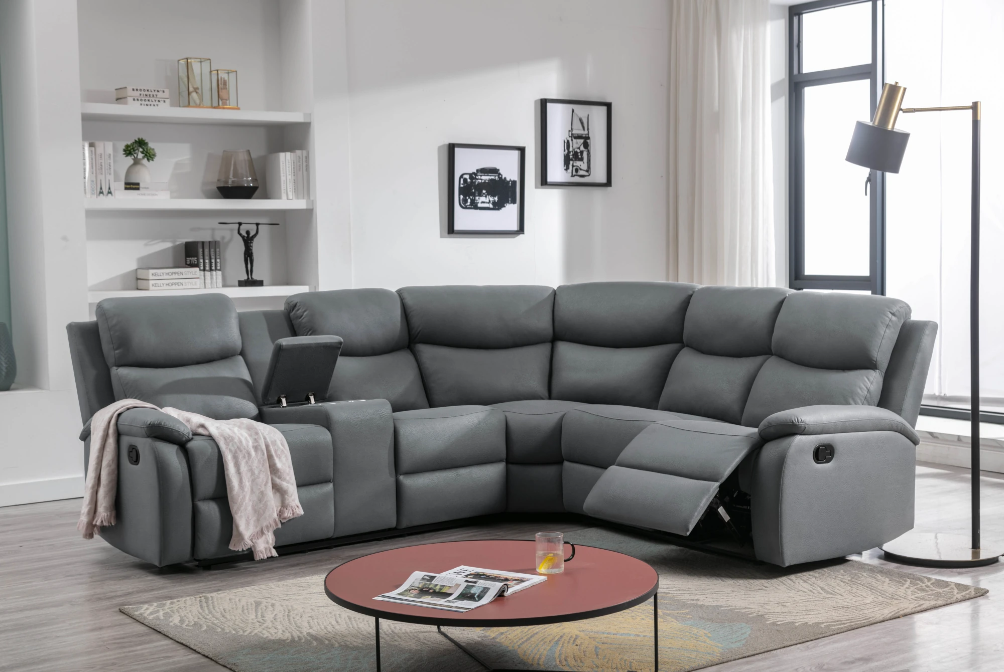 Alec Reclining Sectional with Left Side Console in Grey Fabric Room Scene