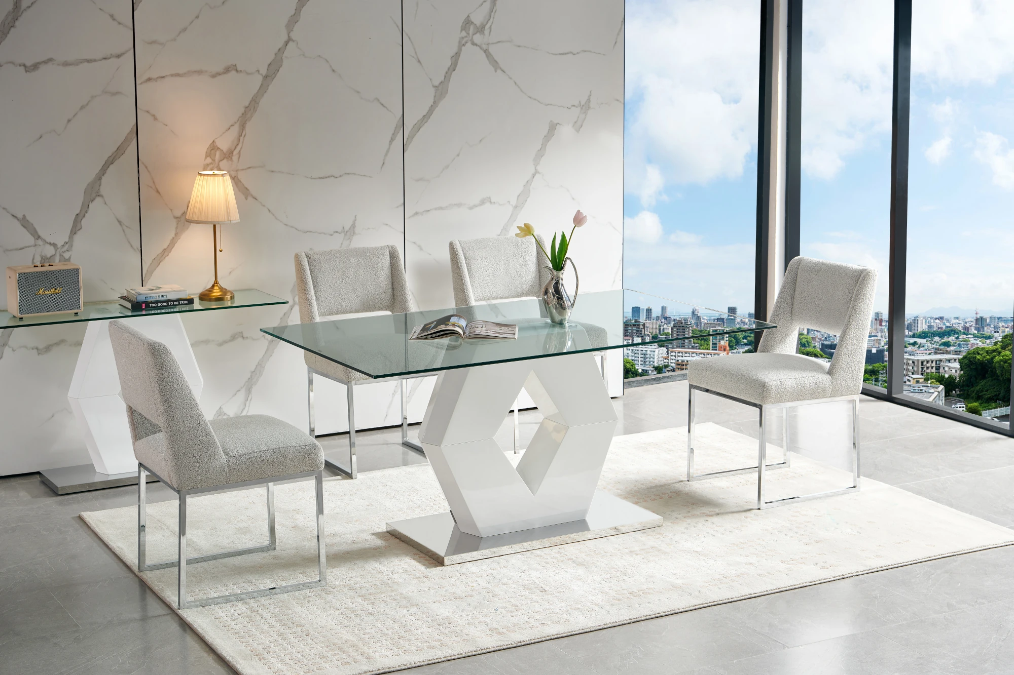 Lennox Modern Dining Set with Light Gray Boucle Fabric Room Scene