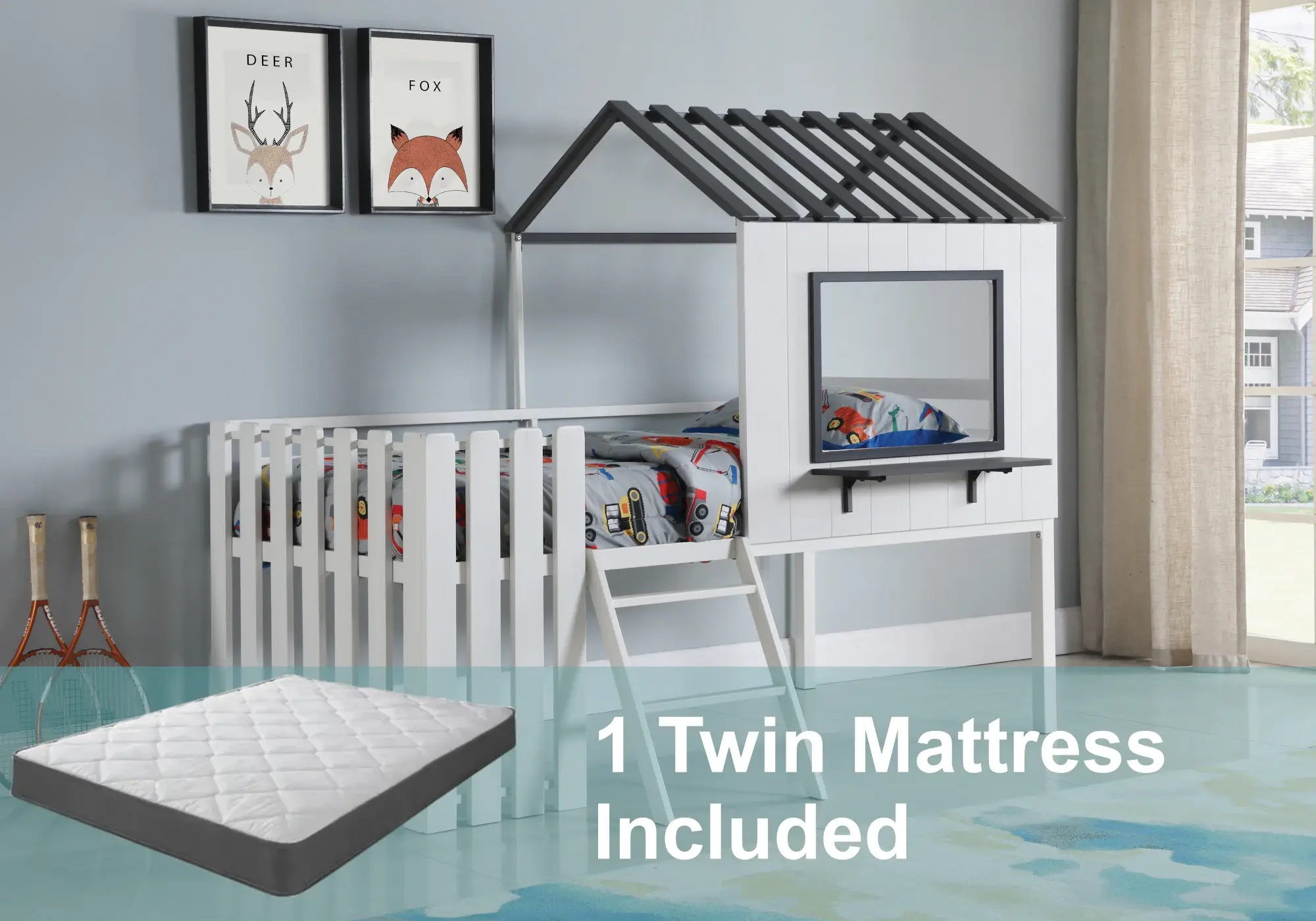 “Timber House" Twin Loft Bed with Mattress in White And Gunmetal