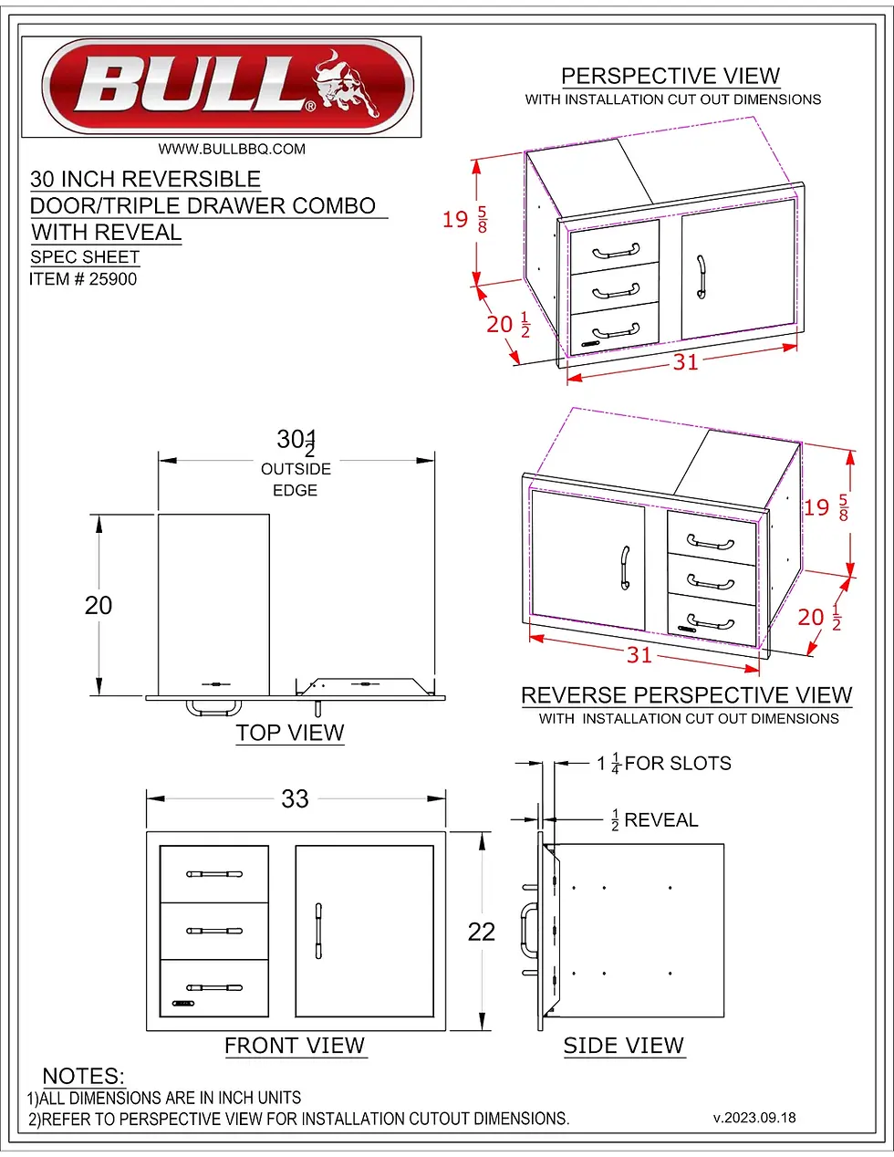 Thumbnail: Bull 30" Reversible Stainless-Steel 3 Drawer Door Combo with Reveal Spec Sheet
