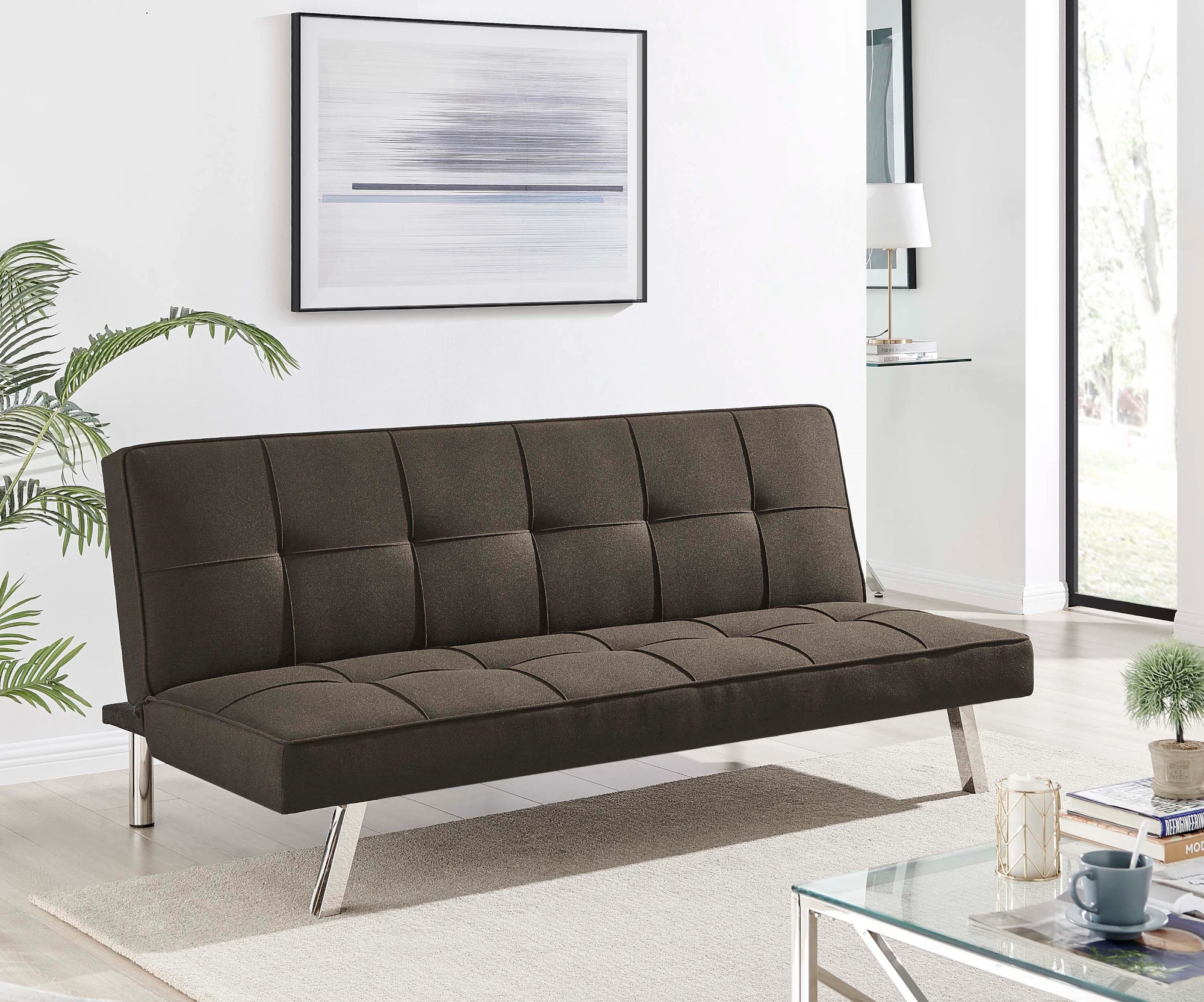 Lenny Modern Futon in Brown Fabric  Room Scene