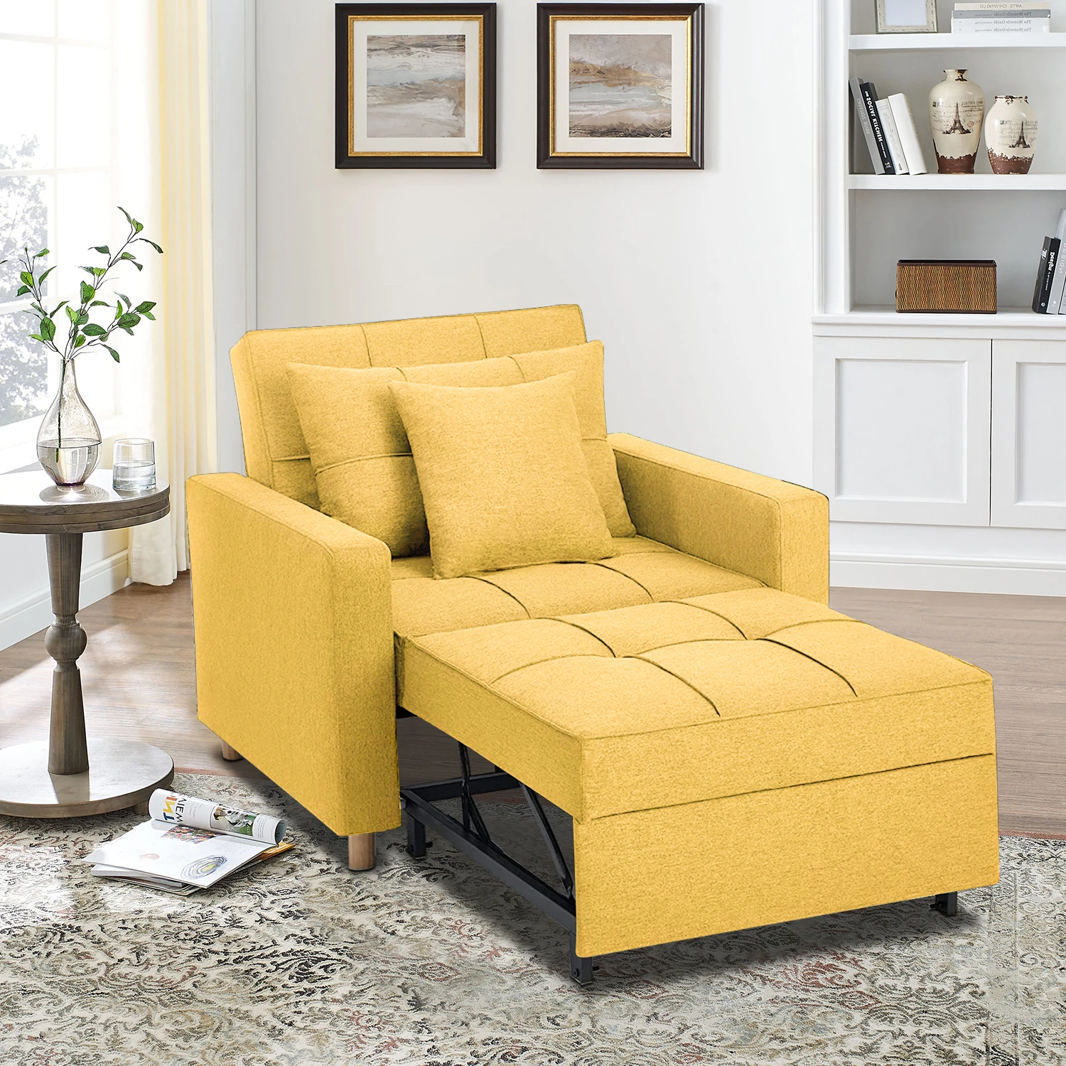 "Oliver" Futon Chair in Yellow  Fabric Room Scene Open