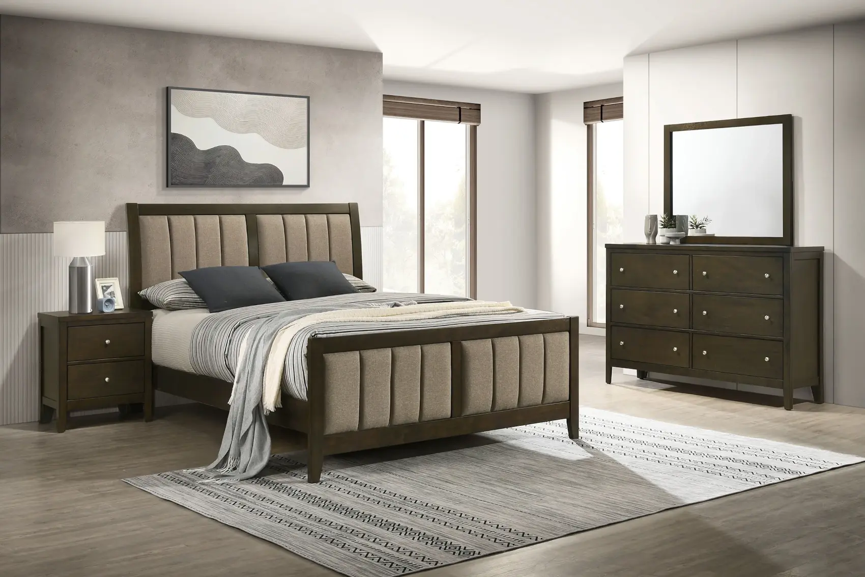 Wilkes Bedroom Set with Padded Headboard in Brown Room Scene