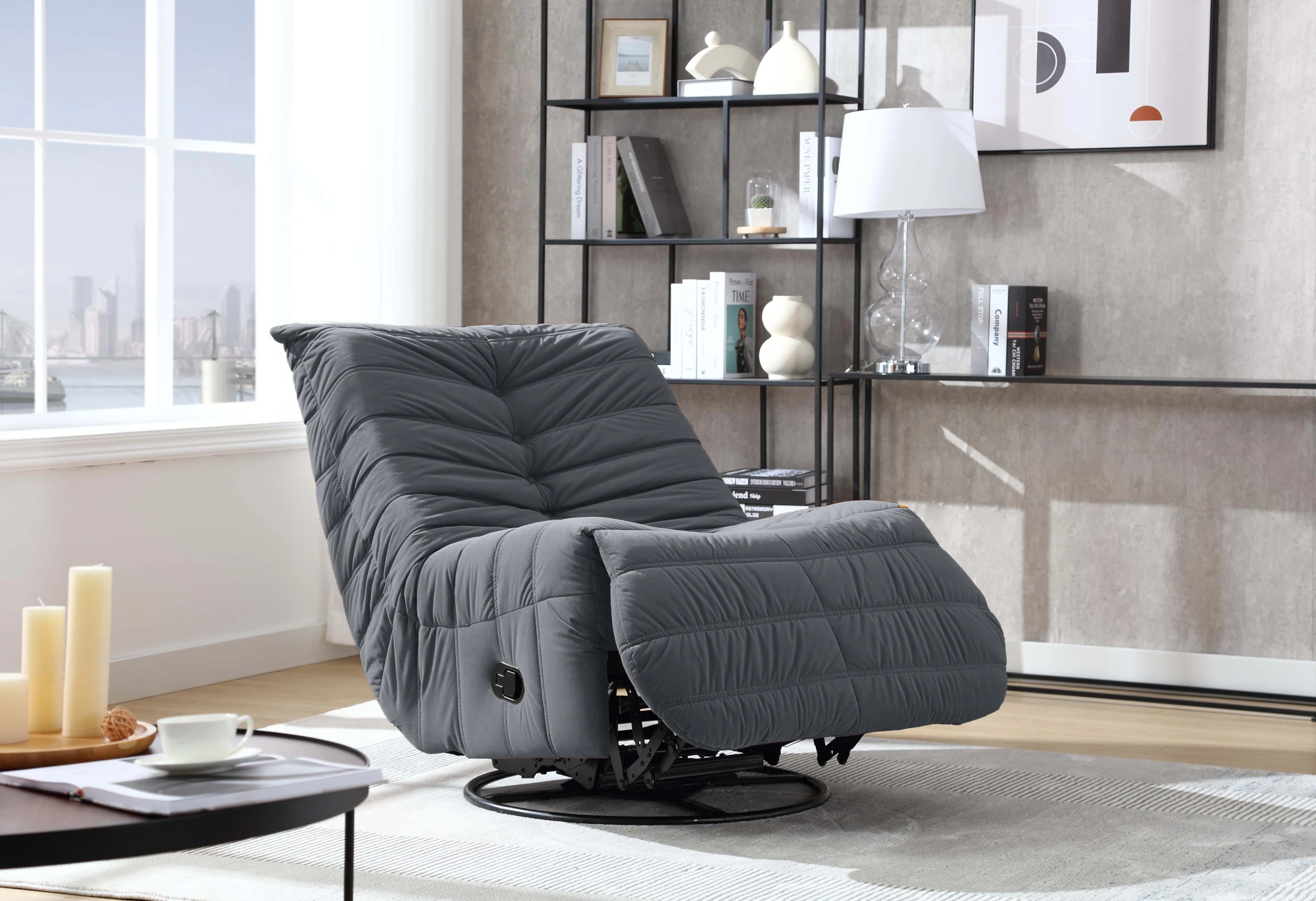 Modo Rocker Reclining Swivel Chair in Velvet Grey Semi Open Room Scene