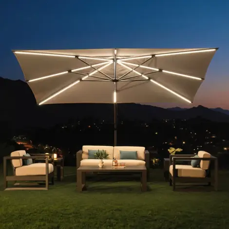 PATIO SET WITH UMBRELLA ON A YARD