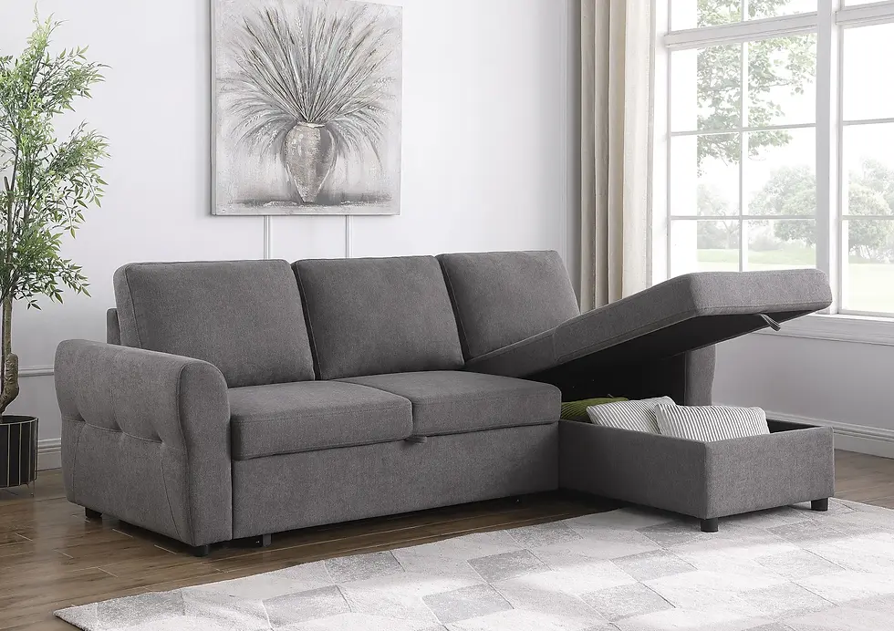 Miniatura: Samantha Upholstered Sleeper Sofa Sectional With Storage Chaise in Grey Room Scene Open Storage
