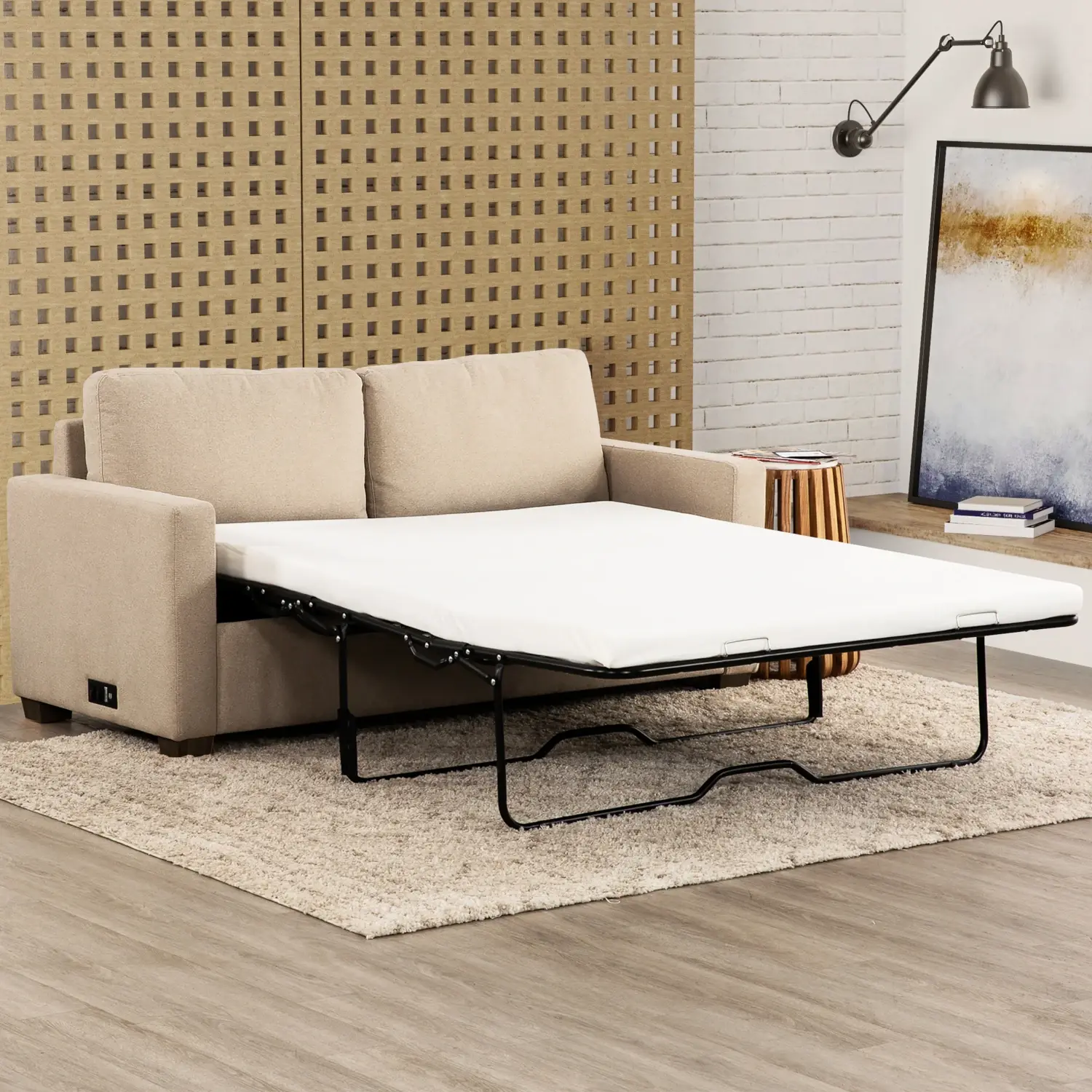 Hagar Full Size Sofa Bed in Beige Fabric Open Room Scene