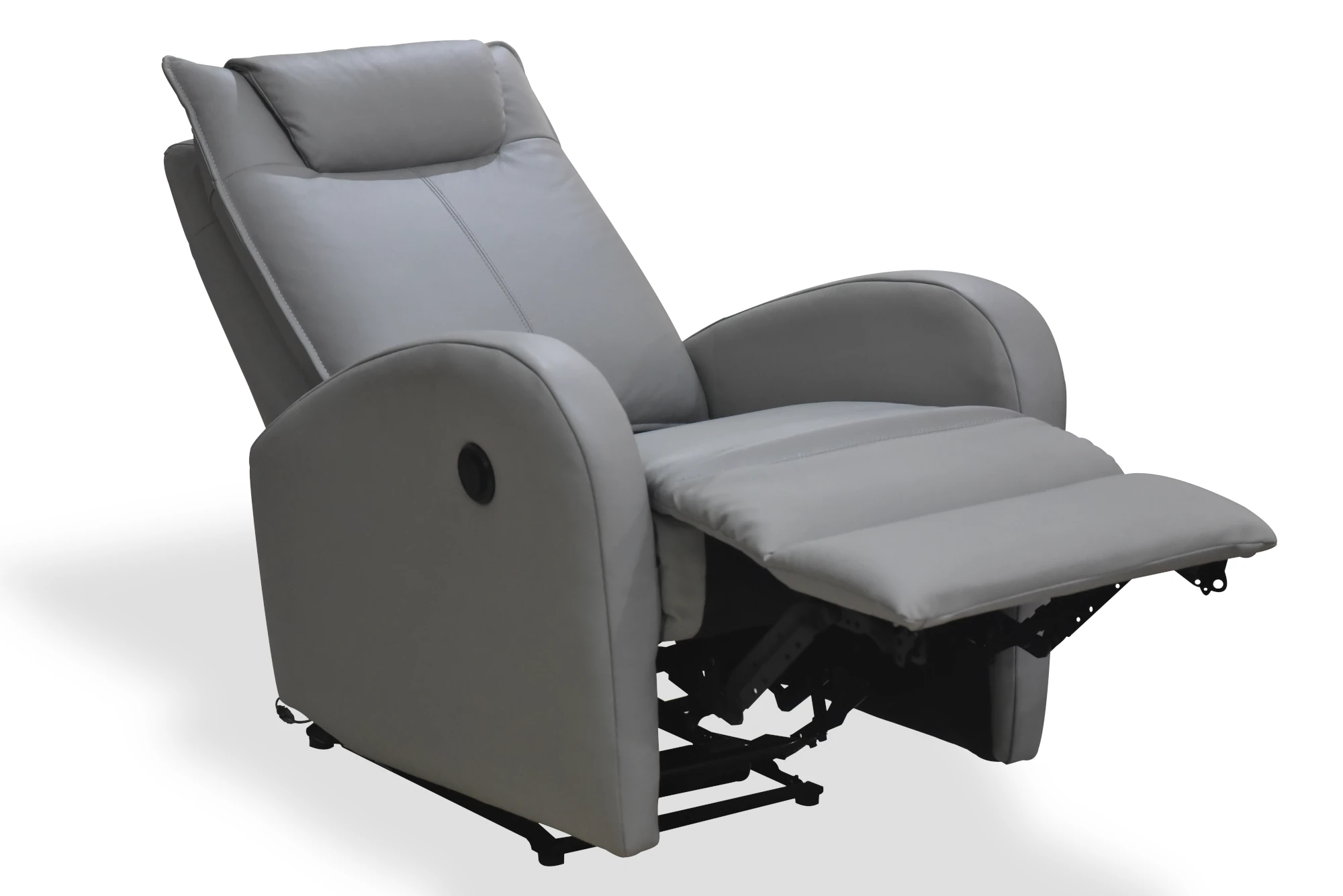 Omega Power Recliner Chair in Grey Leather Angle View Open Silo