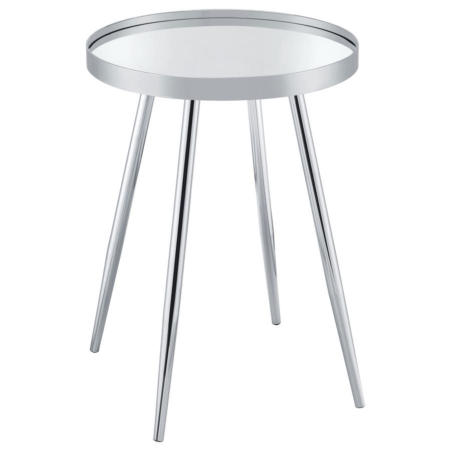 Miniatura: Kaelyn Round Mirror Top End Table in Silver Finish Back Angle View