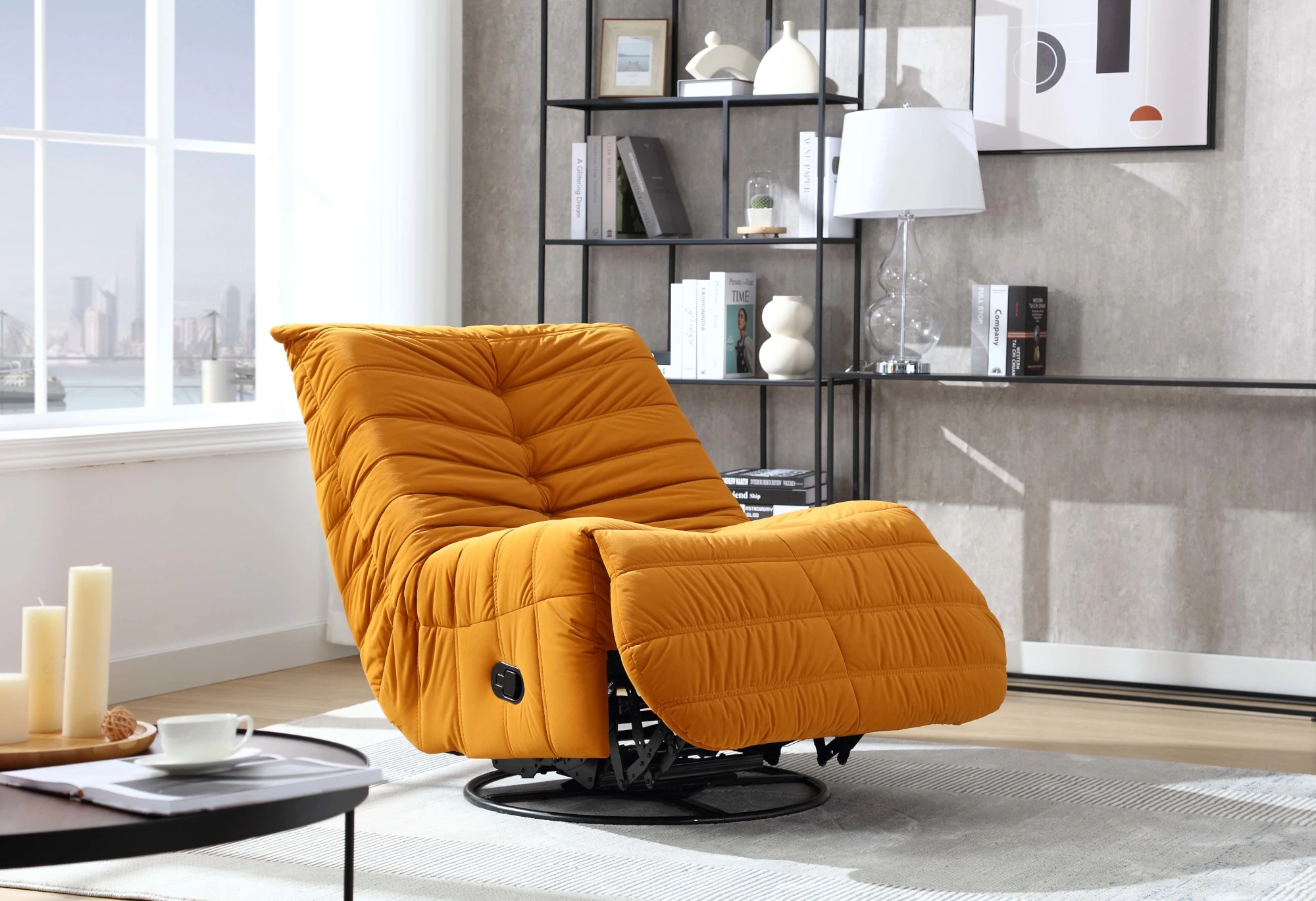 Modo Rocker Reclining Swivel Chair in Velvet Orange Semi Open Room Scene