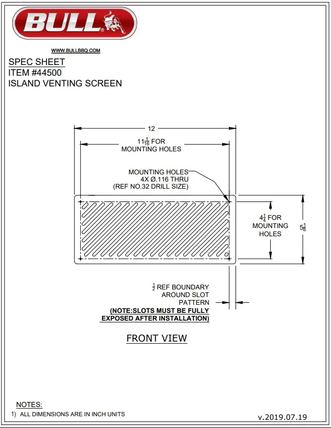 "Bull BBQ" Island Venting Screen without Mesh Dimensions Guide