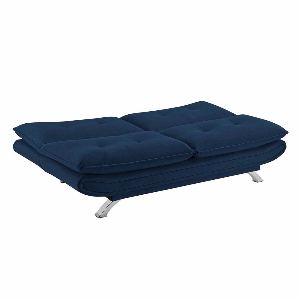 Tania Plush Futon Sofa Upholstered in Blue Velvet Angle View Silo Open