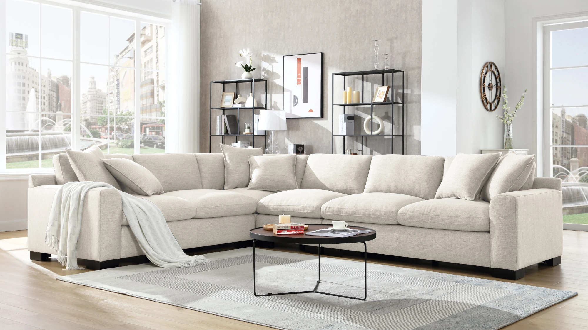 Capitol L Shape Sectional Sofa in Beige Fabric room Scene