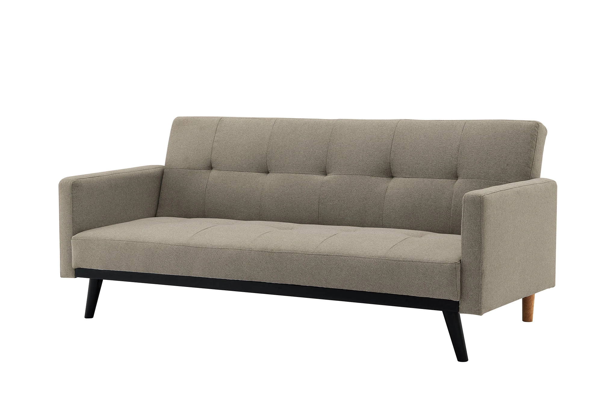 Rolando Mid Century Modern Futon Sofa In Light Brown Fabric Angle View Silo