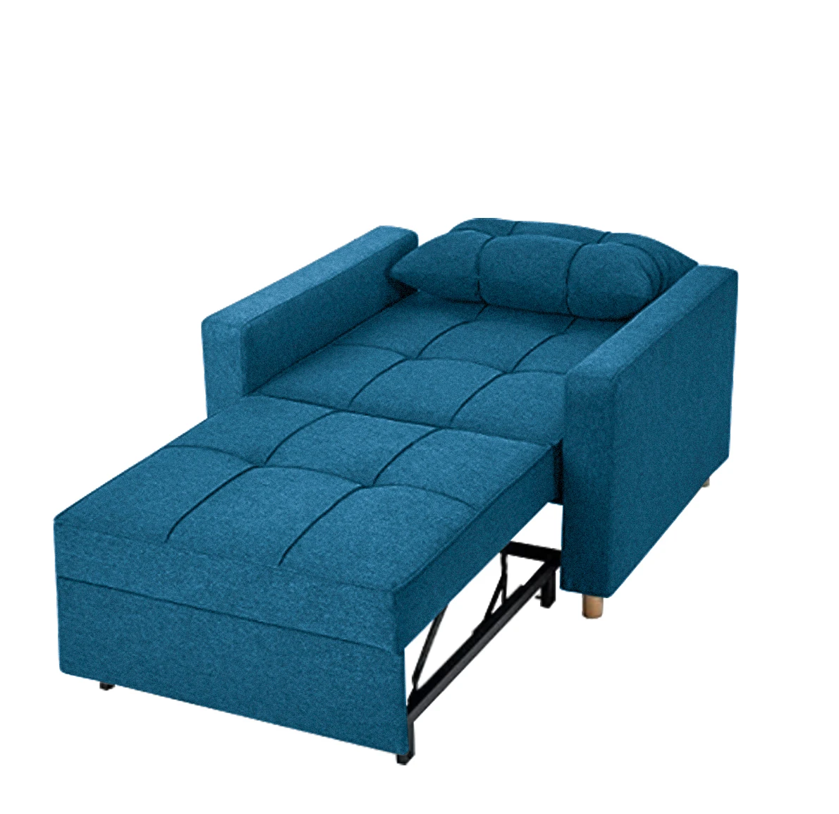 "Oliver" Futon Chair in Blue Fabric Angle View Open Seat Back Down